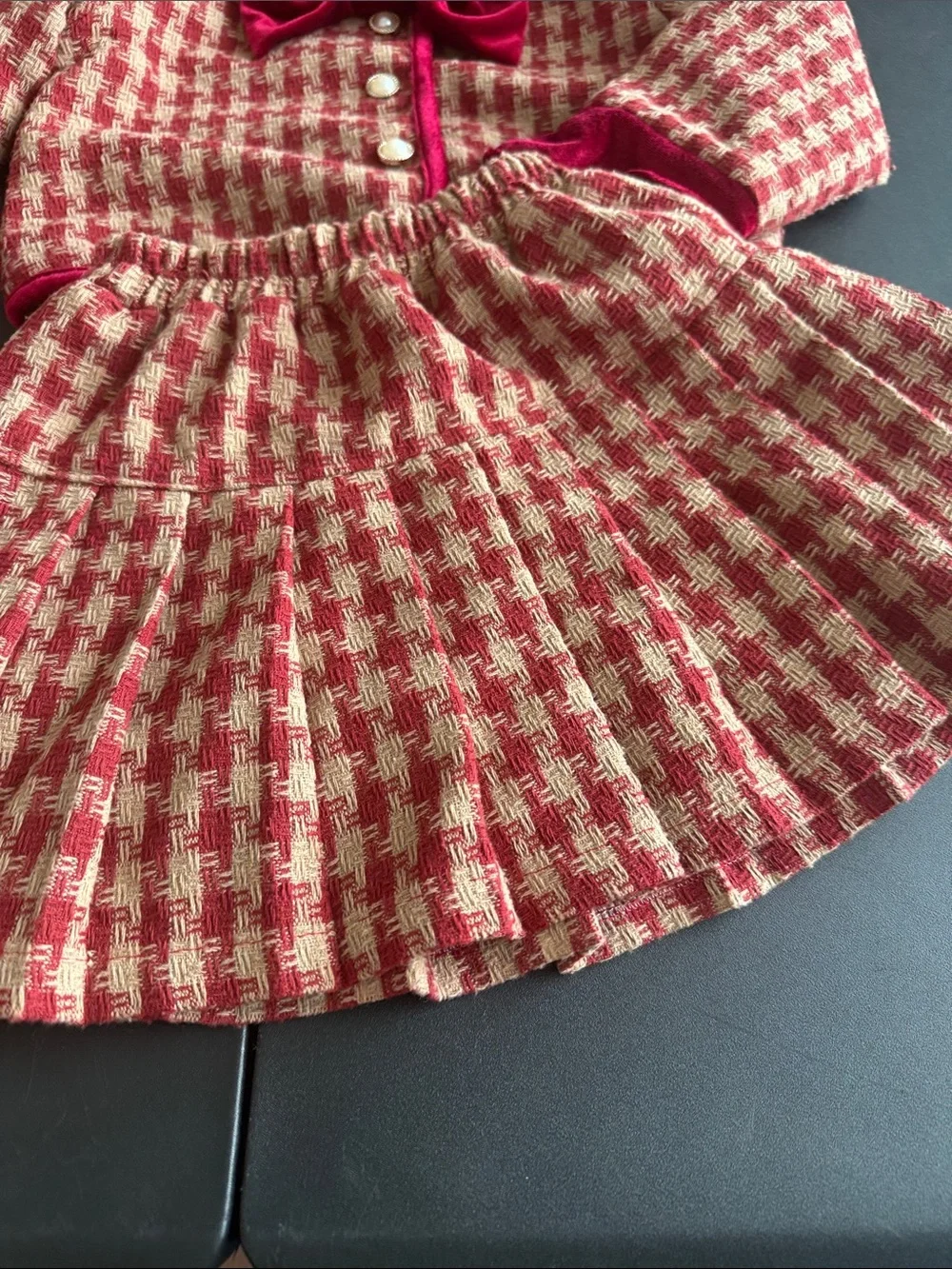 Red and Cream Houndstooth Velvet-Trim Skirt Set